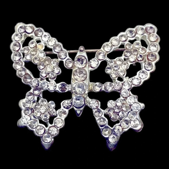 Vintage Jewelry - Vintage Rhinestone Butterfly Silver Tone Brooch